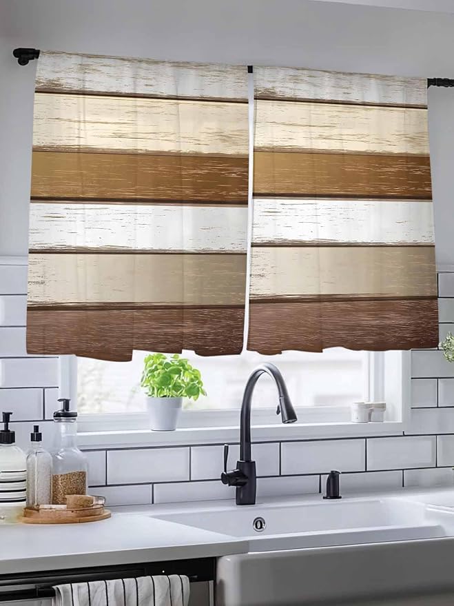 Sheer Curtains 45 Inch Length, Vintage Geometric Brown Semi Sheer Curtains