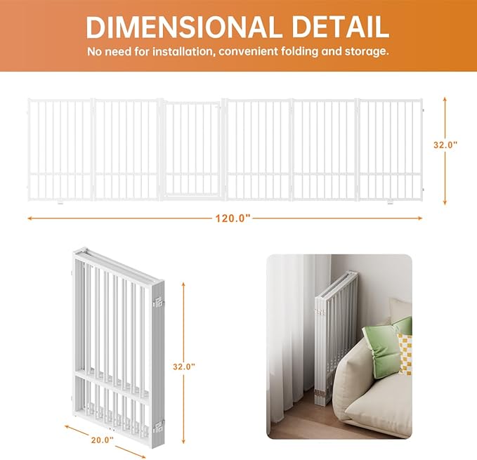 Full Metal Freestanding Dog Gate with Door, 32''Height Foldable Pet Dog Fence for Indoor & Outdoor, 6 Panels Extra Wide Free Standing TallDog Gates for Doorways,House,Stairs,Porch,Deck,Yard