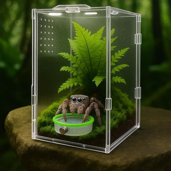 Jumping Spider Enclosure Accessories 4Pcs Magnetic Jumping Spider Feeding Dish Set, Reptile Feeding Tongs or Water Bowl Transparent PETG Material with Green Edge