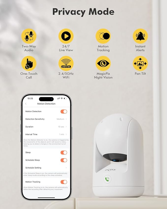Dzees 5G/2.4G WiFi Indoor Security Camera Pet Camera No Subscription, 2K 360° WiFi Cameras, Wired Dog Pet Camera with Phone App, MagicPix Night Vision, Calls, 2-Way Audio, 24/7, Motion Tracking