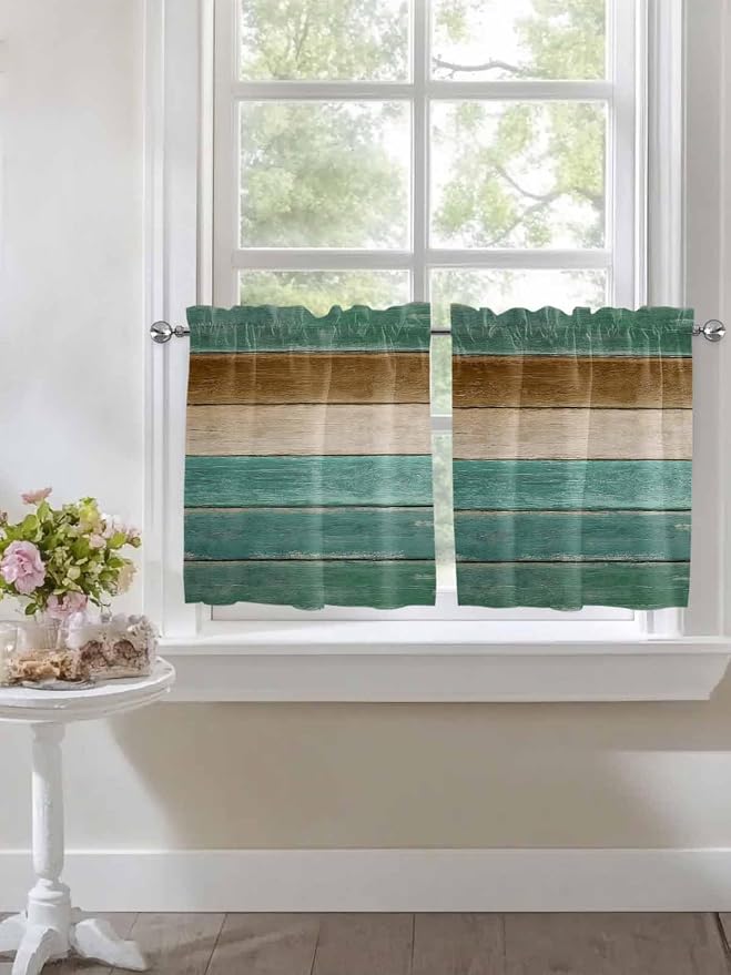 Vintage Plank Turquoise Brown Window Valance Curtains, Farmhouse Wood Grain