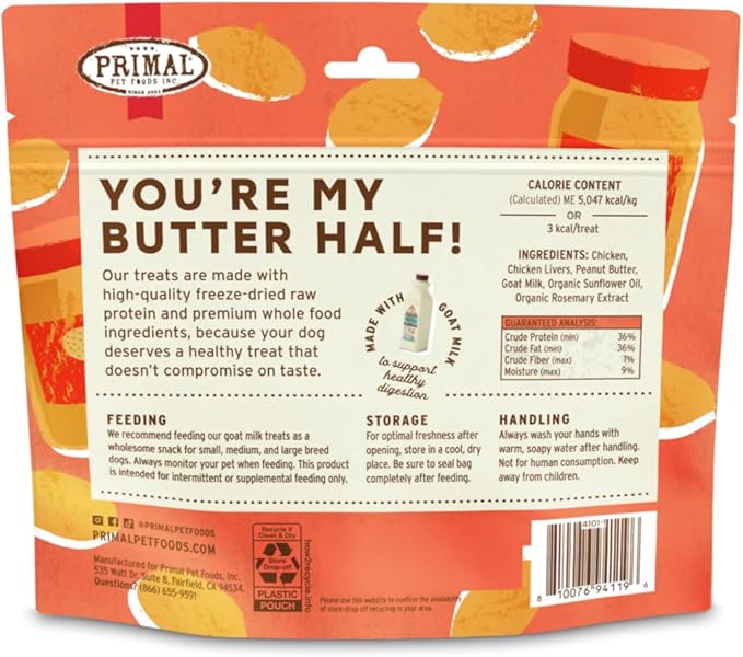 Primal Freeze Dried Dog Treats, You're My Butter Half; Chicken & Peanut Butter with Goat Milk, Grain Free Training Treats for Dogs, 2 oz (Pack of 2)