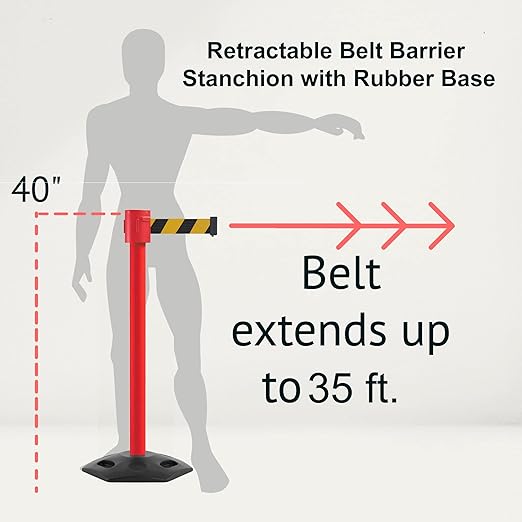 Montour Line MSR760 Set of 2 Retractable Belt Barrier Stanchion, Rubber Base, Red Post (35 ft Black with Horizontal Red Stripe Belt)