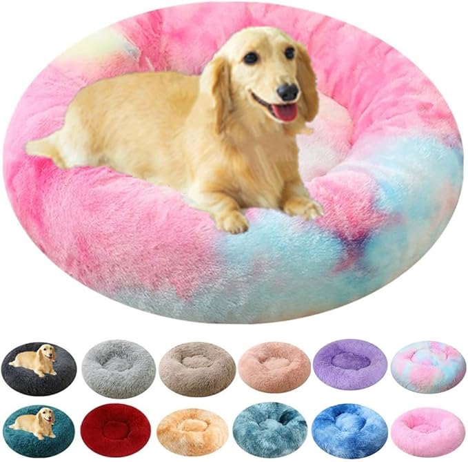 Large Calming Dog Bed, 40 Inch Anti-Anxiety Donut Dog Cuddler Cat Bed, Warming Cozy Soft Dogs Round Bed, Fluffy Faux Fur Machine Washable Pet Cushion for Medium Large Dogs & Cats (Rainbow)