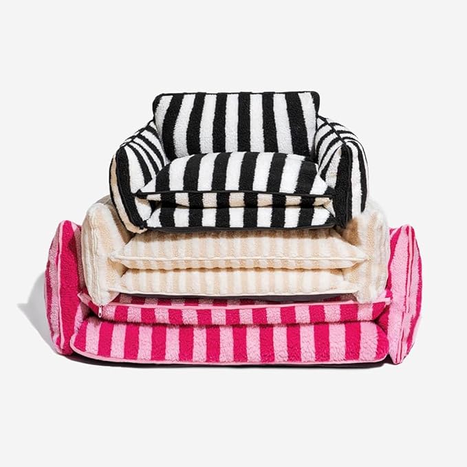 Lazy Holiday Plush Cozy Dog & Cat Sofa Bed, Teddy Velvet Dog Bed, Trendy Striped Faux Lambswool Double Layer Dog & Cat Sofa Bed Dogs Sleeping Mat for Medium Small Dogs & Cats (Pink,M)