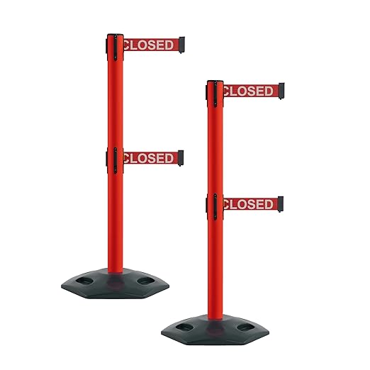 Montour Line MSR630D Set of 2 Retractable Belt Barrier Stanchion, Heavy-Duty Rubber Base, Red Post (9 ft Red with"This LINE is Closed" White Letters Dual Belt)