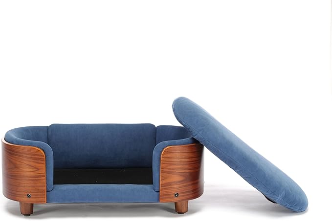 Scandinavian Style Elevated Dog Bed Pet Sofa with Solid Wood Legs and Bent Wood Back, Velvet Cushion, Small Size, Walnut Frame & Dark Blue Cushion