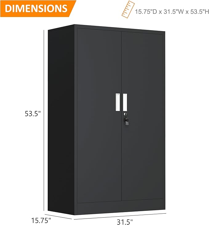Metal Storage Cabinet with Locking Doors and 3 Adjustable Shelves, Lockable Storage Cabinets for Home Office Garage Kitchen Pantry (Black)