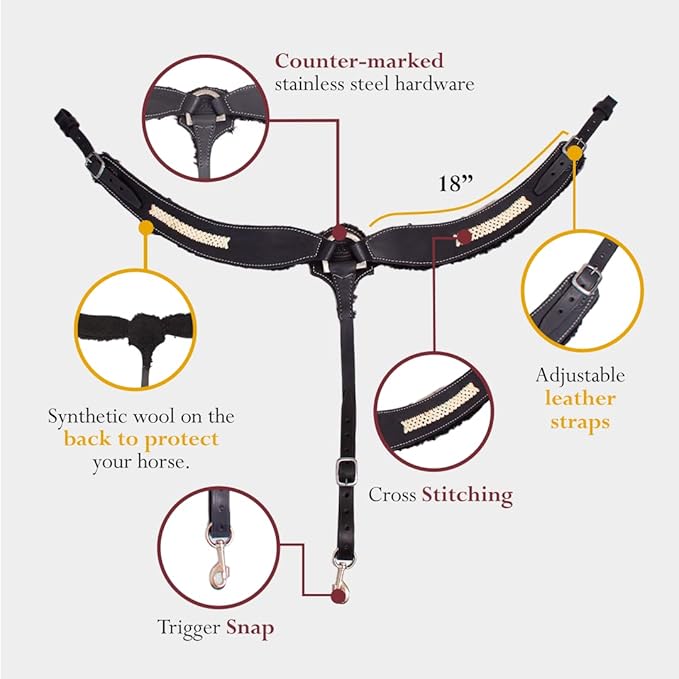 Western Horse Breast Collar - Hand-Tooled Leather Tack for Barrel Racing, Roping & Trail Riding - Durable Adjustable Fit - Rodeo & Show-Quality Equestrian Gear