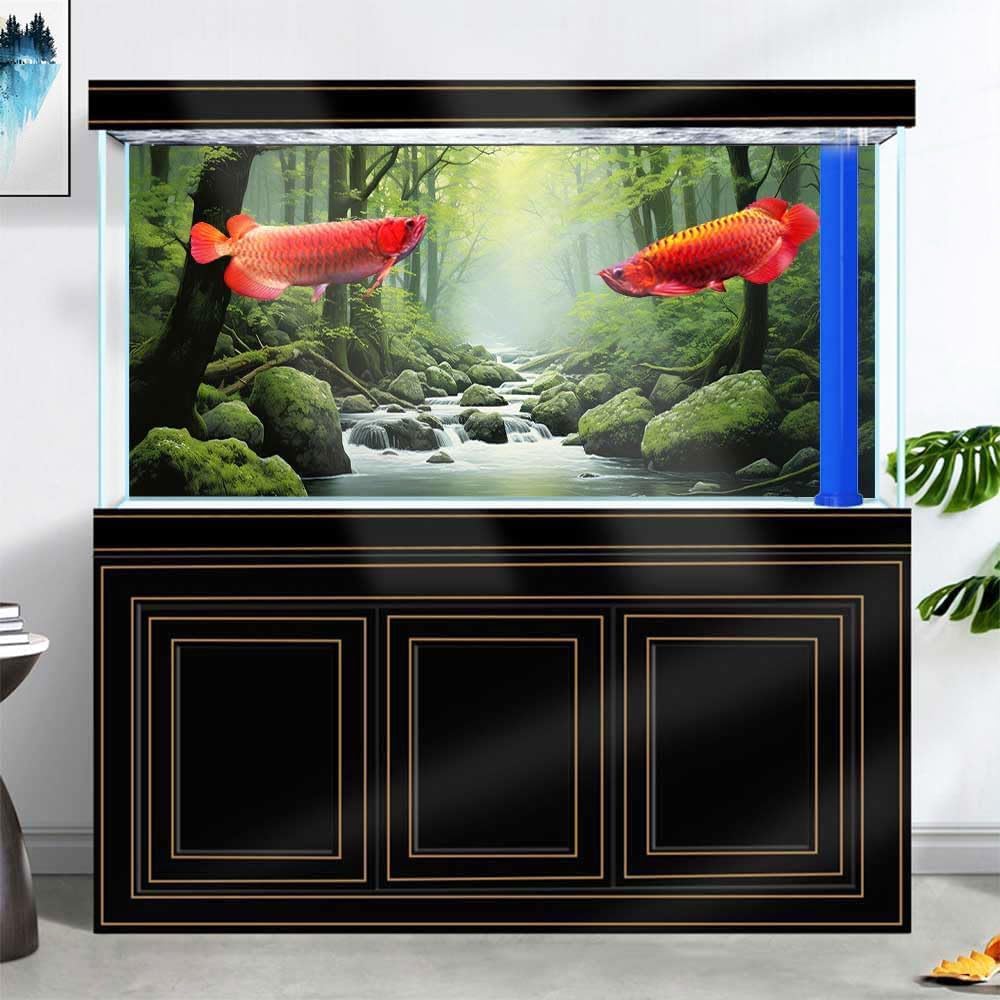 30X18IN Tropical Forest Terrarium Background, Natural Green Forest Tree Reptile Habitat Background, Misty Rainforest Aquarium Background, with 8 EVA Double-Sided Tape