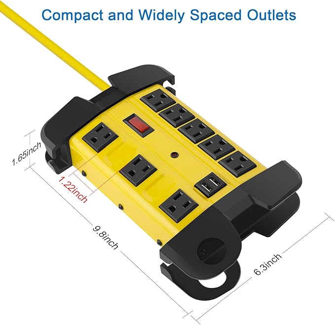 CCCEI Heavy Duty Power Strip with USB, Workshop 8 Outlet Surge Protector 2700 Joules, Industrial Metal 15Amp Power Strip, 20 FT Extension Cord and Wide Spaced Yellow.