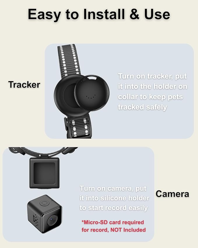 Cat Camera Collar with Tracker Tag, 1080P HD Video Recording Pet POV Cam, NO WiFi NO APP, Body Camera for Cat/Dog Tracking — Lightweight, Night Vision, Easy Playback