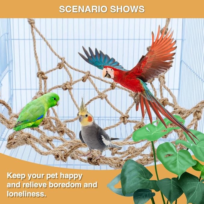 2 Packs Natural Bird Rope Net Parrot Swing Hammock for Birds Parrot Ladder Macaw Hanging Hammock Activity Toy for Rats Parakeet Cockatiel Cockatoo Conure African Grey Budgie（S 12x8inch）