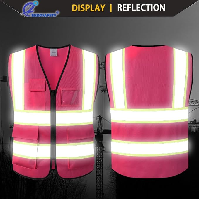 Reflective Safety Vest for Men Women,5 Pockets High Visibility Construction Work Vest with Zipper Front,Meets ANSI/ISEA Standards(EK175-Pink-M)