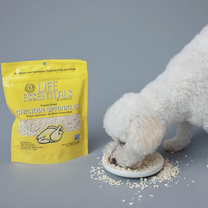 Life Essentials by Cat-Man-Doo Freeze Dried Chicken Sprinkles Dog & Cat Treats, Healthy Single Ingredient Training Treats for Dogs, Puppies & Cats, Made with Real Chicken – 5 oz