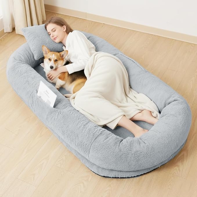 Human Dog Bed for Large Dog - Giant Dog Bed for Humans with High-Density Foam & Faux Fur Cover - Washable Bean Bag Bed Alternative for Napping, Gaming, and Pet Bonding