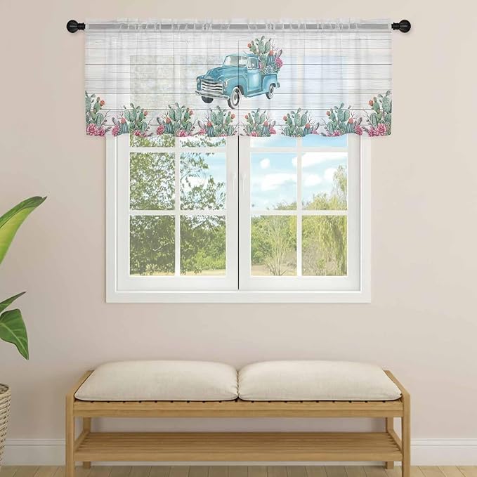 Farmhouse Sheer Valance Curtains, Summer Blue Car
