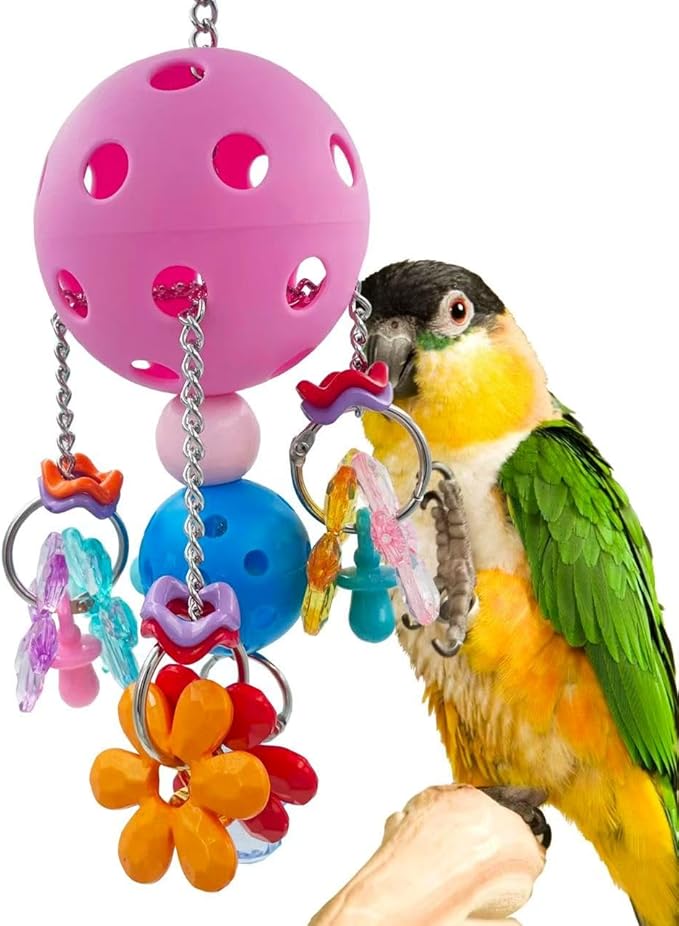 Pullable Bird Plastic Ball Toys with Acrylic Pacifiers and Flowers, Colorful Parrot Toys for Medium and Large Parrot Quaker Monk Parakeet Sun Conures (Pink)