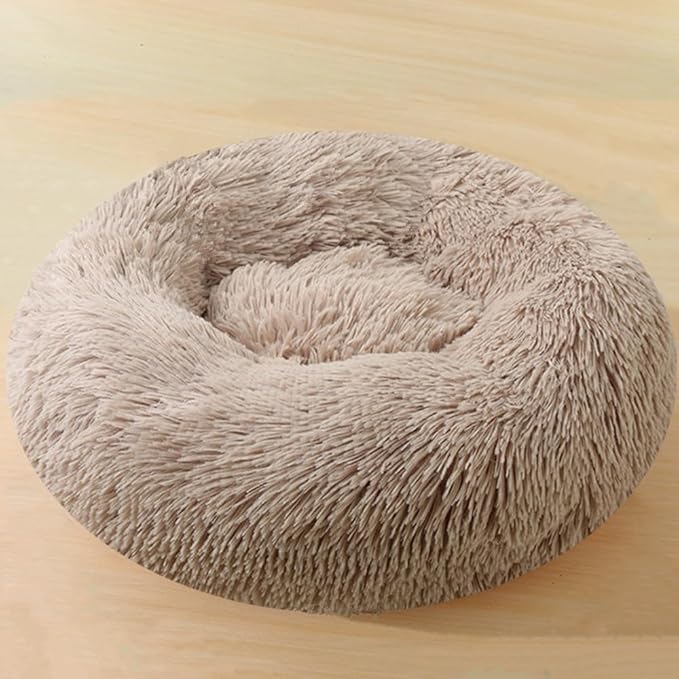 Calming Dog & Cat Bed, 24 Inch Anti-Anxiety Donut Cuddler Cat Bed with Anti-Slip Bottom, Washable Round Fluffy Pet Bed for Small Medium Dogs and Cats (Khaki)