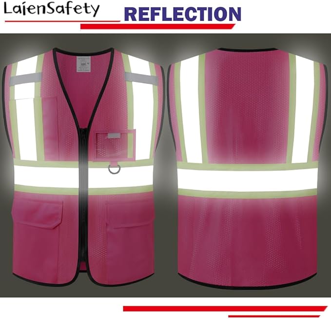 Safety Vest for Men Women Reflective with Multiple Pockets Mesh High Visibility Construction Work Vest,Meets ANSI/ISEA Standards(EK1-178-Pink-3XL)