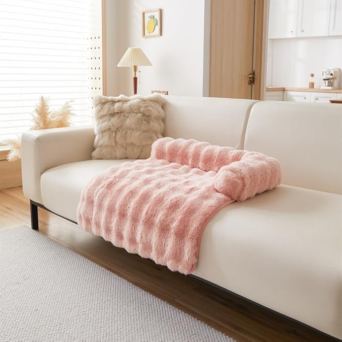 Calming Dog Bed Mat, Fluffy Fuzzy Couch Cover for Sofa, Winter Thickened Pet Mat with Anti-Slip Bottom Warm Soft Cushion Washable Pet Bed for Small Dogs and Cats (Pink, 75x75cm/29.5x29.5in)
