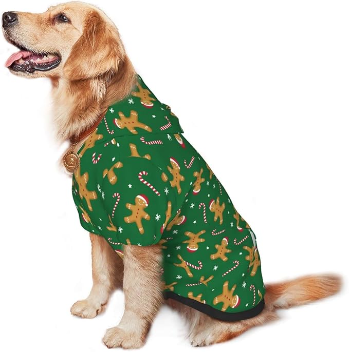 Green Christmas Gingerbread Men Candies Hoodie,Christmas Cosplay Dog Clothes with Pocket and Hat Winter Clothes Sweaters Large
