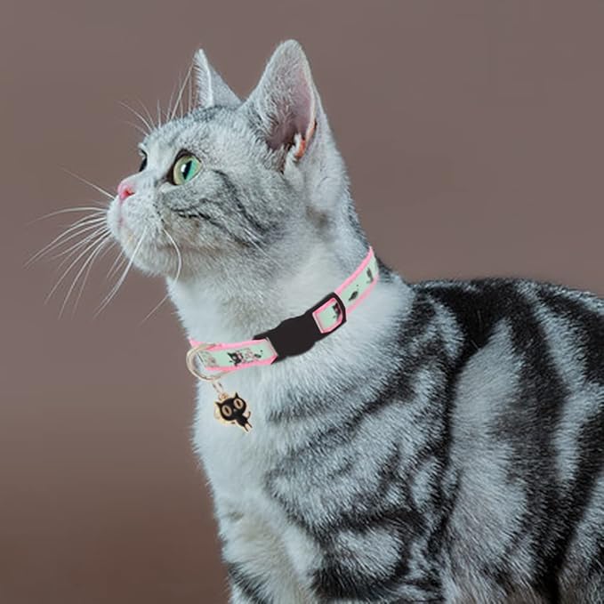 2 Pack Glow in The Dark Cat Collar with Bell Breakaway Safety Cat Puppy Collars with Pendant Black and Pink
