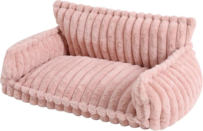 Fluffy Pet Couch Bed with Removable Washable Cover, Soft Rabbit Plush Dog Cat Bed for Small Medium Pets, L Size Pink Couch with Non-Slip Bottom and Pillow (Pink)