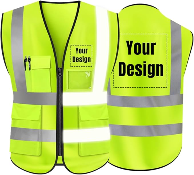 YOWESHOP High Visibility Safety Vest Custom Your Logo Protective Workwear 5 Pockets With Reflective Strips Outdoor Work Vest (Neon Yellow (M))