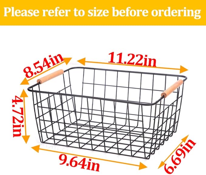 LeleCAT Wire Baskets with Wooden Handles Wire Storage Organizer Bin Baskets, Pantry, Closets, Bedrooms - Set of 2（Black）