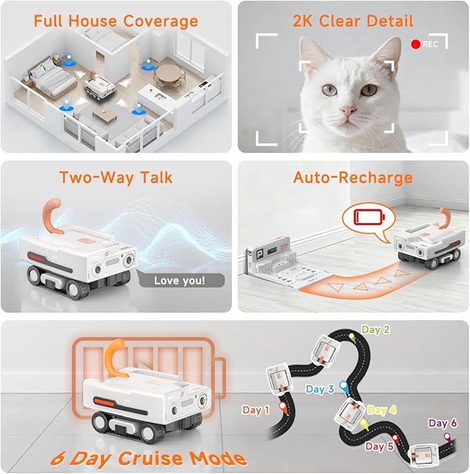 PMATE Self-Moving Pets Camera AI-Powered Rover with Auto Tracking & Patrol, 2K Live View, Night Vision, 2-Way Talk, and Auto-Recharge (A3-White)