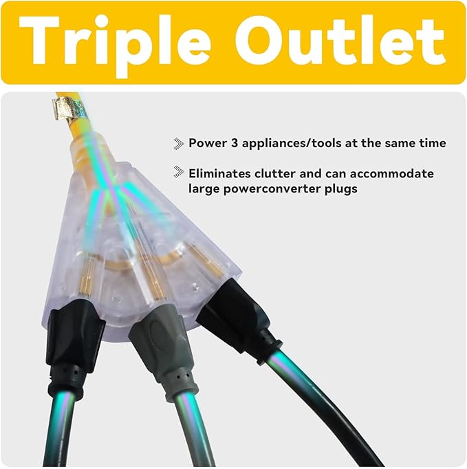 EP 12 Ft 12 Gauge Heavy Duty Extension Cord, 15A 125V 1875W, 3 Outlet Indoor/Outdoor Power Cord with Lighted End, 12/3 SJTW Weatherproof Yellow, UL Listed