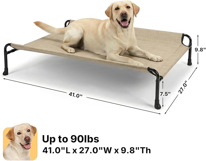 Veehoo Outdoor Dog Bed, Raised Dog Bed for Large Dogs, Elevated Pet Bed with Headrest, Washable Cooling Dog Cot, Breathable Pet Hammock for Indoor or Camping, 41", Non-Skid, Beige