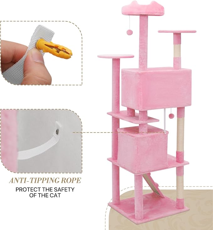Athena Collection Cat Tree, 77 Inch Cat Tower for Indoor Cats, Multi-Level Cat Tree Tower Activity Center with 2 Cat Condo & Cat Scratching Post & Dangling Ball, Tall Cat Tree, Soft Pink