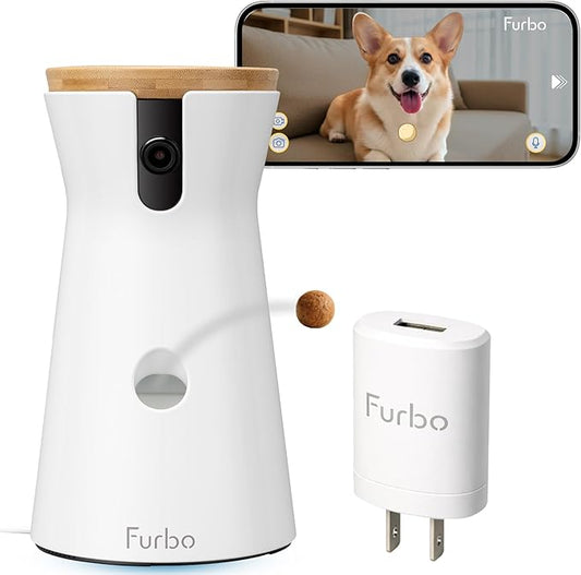 Furbo 360° Dog Camera + Power Adapter: Pet Cam w/Barking Alerts, Rotating View, Treat Toss w/Phone App, Puppy Monitoring, 2-Way Speaker, No Subscription Needed. Standard See, Talk, & Toss Features