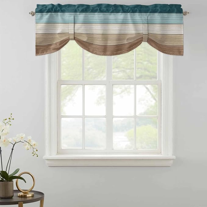 Teal Brown Tie Up Valance Curtains