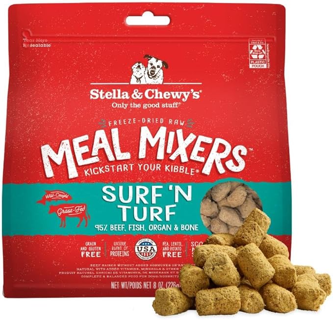 Stella & Chewy's Freeze-Dried Raw Surf & Turf Meal Mixers - Dog Food Topper and Mixer - Made with 95% Grass-Fed Beef & Wild-Caught Salmon - Perfect for Picky Eaters - Grain-Free - 8 oz