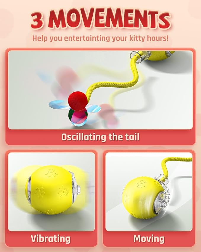 Interactive Cat Toys for Indoor Cats, 2025 Upgraded 360° Anti-chew Safe Material Moving Cat Ball with Tail, Interactive Cat Toys for Bored Indoor Adult Cats to Keep Them Busy (Yellow, 2.2in)
