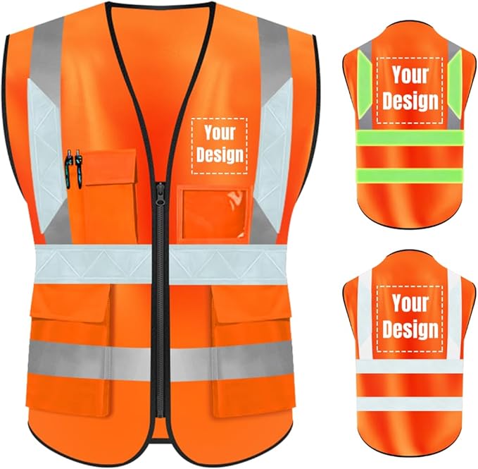YOWESHOP High Visibility Safety Vest Custom Your Logo Protective Workwear 5 Pockets With Reflective Strips Outdoor Work Vest (3XL, Orange Luminous)