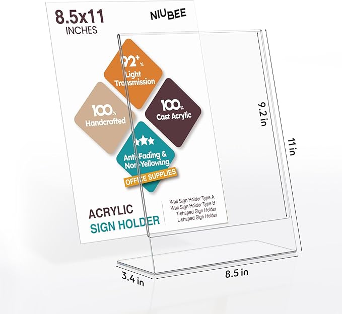 NIUBEE Slanted Back Acrylic Sign Holder 8.5 x 11 Inches, Clear Plastic Sign Holder Paper Display Table Stand for Office, Store, Restaurant (3 Pack)