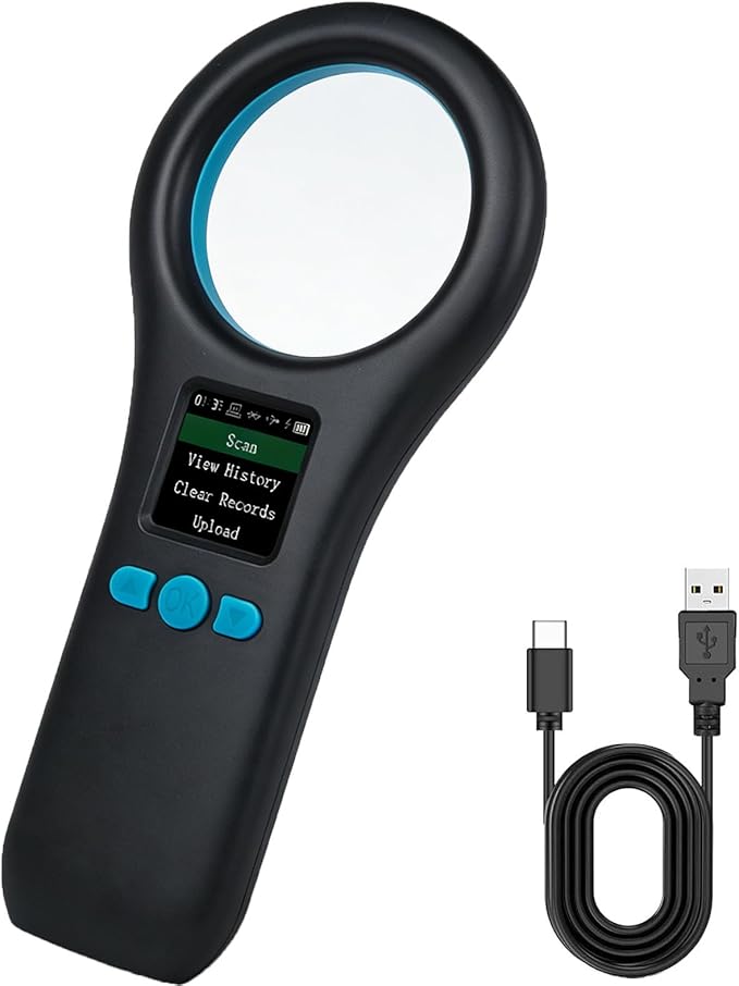 Pet Microchip Scanner, ISO11784/85/FDX-B/EMID Handheld Animal Micro Chip Reader 134.2KHz/125KHz Rechargeable Pet ID Scanner with 500 Data Storage for Dog/Cat/Pig/Animal (Black)