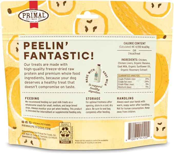 Primal Freeze Dried Dog Treats, Peelin' Fantastic; Chicken & Banana with Goat Milk, Grain Free Training Treats for Dogs, 2 oz (Pack of 2)