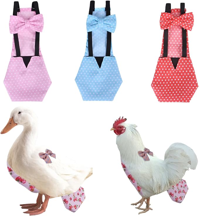 MANON ROSA Chicken Diapers Bantam Hens - Reusable 3-Piece Set with Bow Ties Poultry Nappies Washable Waterproof for Geese Pet Ducks Silkie (Polka Dot Medium)