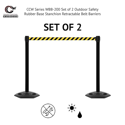 CCW Series WBB-200 Set of 2 Outdoor Safety Rubber Base Stanchion Retractable Belt Barriers - Easy to Assemble (11 Foot Belt, Yellow"Caution - DO NOT Enter" Black Letters Belt with Yellow Post)