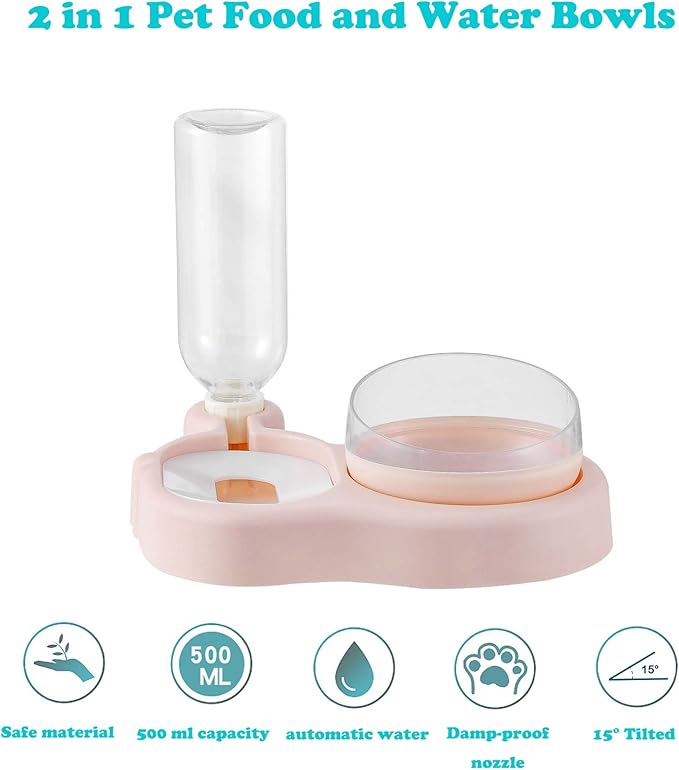 Love Dream 2-in-1 Dog Cat Bowls, 15°Tilted Raised Water and Food Bowl Set with Automatic Water Dispenser Bottle and Detachable Cat Dish, Pet Feeder for Small or Medium Dogs Cats Puppy Kitten Rabbit