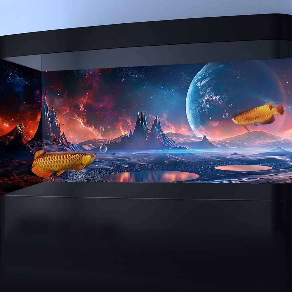 Scarlet Cosmic Aquarium Background,Cool Galaxy Parallel Space Themed Fish Tank Background, Tropical Desert Terrarium Background 24X12IN with 8 EVA Double-Sided Tape