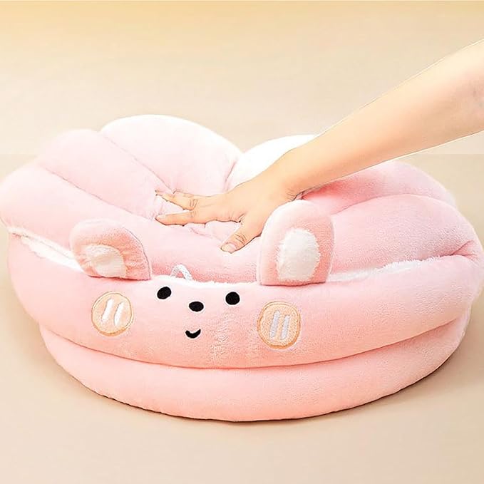 Cat Bed for Indoor Cats, Dog Bed with Anti-Slip Bottom, Rabbit-Shaped Cat/Small Dog Cave with Hanging Toy, Puppy Beds with Removable Cotton Pad, Super Soft Calming Pet Sofa Bed (Pink, Small)