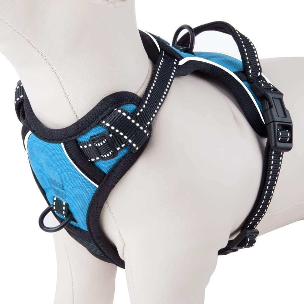 PHOEPET Reflective Dog Harness No Pull Large Breed Vest with 2 Metal Leash Attachment Hooks(L, Blue)