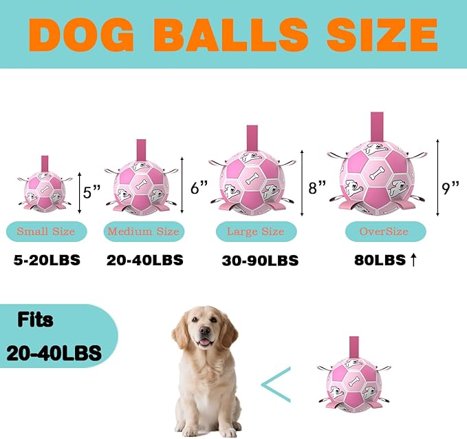 Dog Soccer Ball, Interactive Toys for Tug of War, Puppy Birthday Gifts, Tug Toy, Water Toy, Durable Balls for Small & Medium Size(6 inch-Pink)