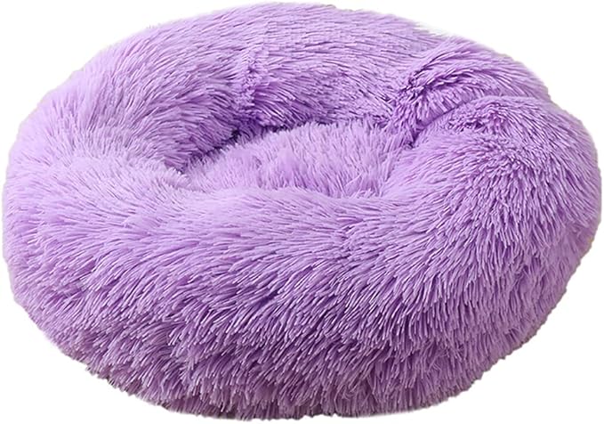 Calming Faux Fur Dog Beds Calming Donut Cuddler Dog Bed Washable Round Cat Bed Pillow Cuddler Fluffy Indoor Dog Calming Beds with Anti Slip Bottom Solid Color Purple 21 Inch